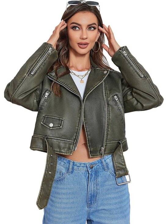 Jackets & Blazers - Women's Dark Green Leather Asymmetric Belted Zipper Biker Cropped Bomber Jacket